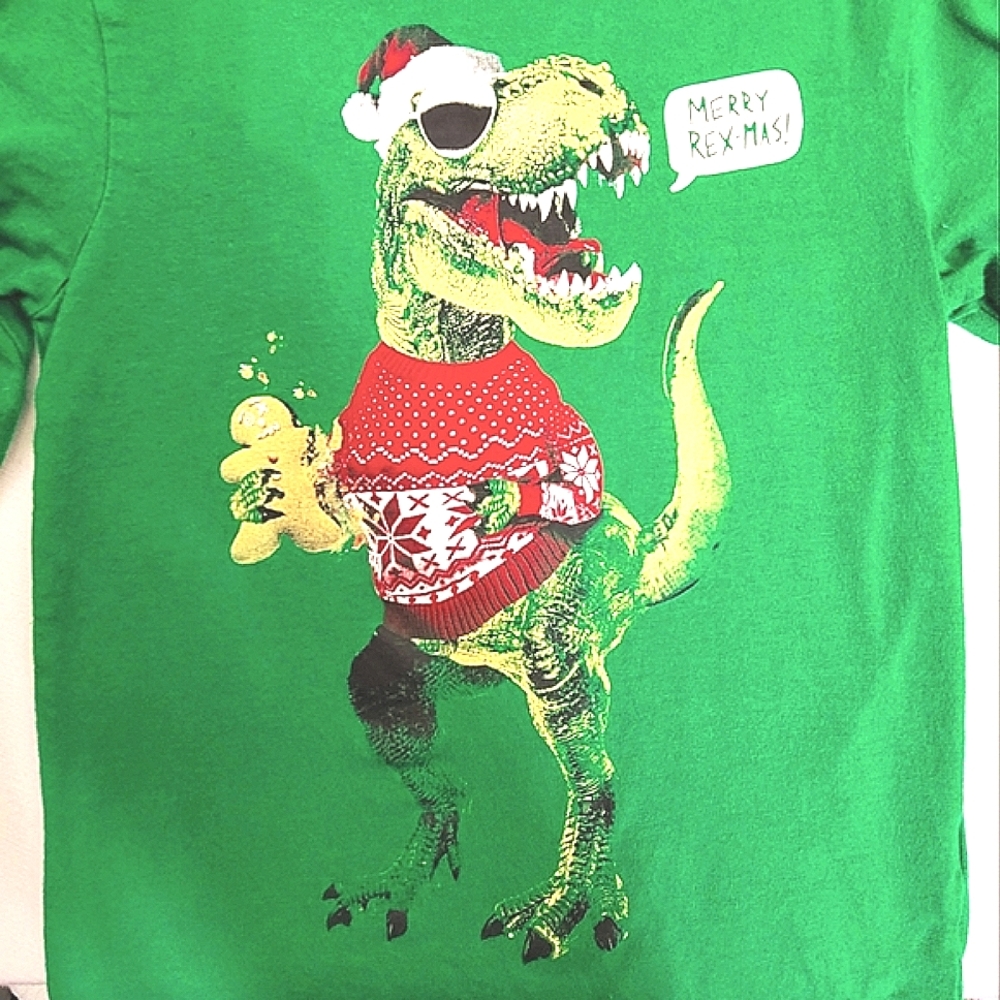 Children's Place Christmas T-rex Dinosaur Long Sleeve Green XS T-Shirt | 3/$15